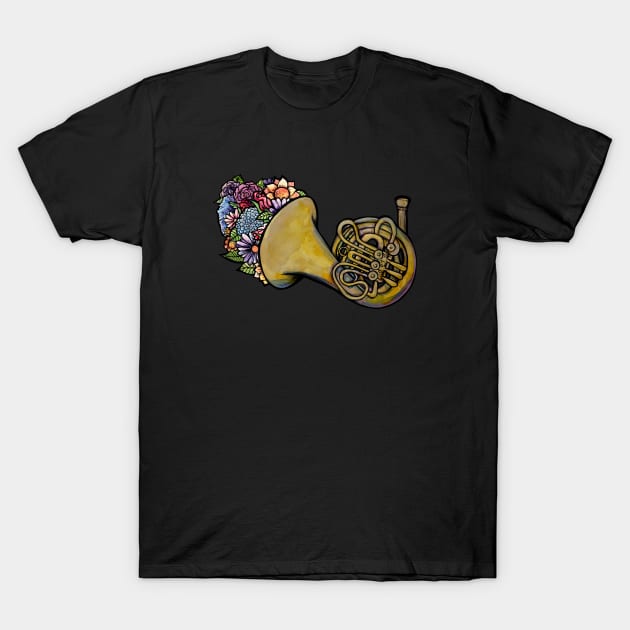 French Horn Lover Floral Band Art T-Shirt by bubbsnugg